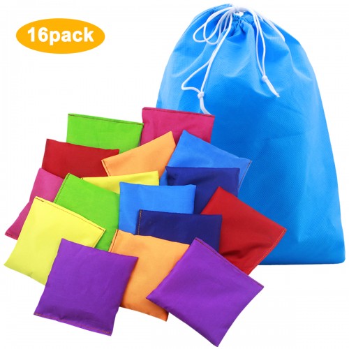 Disino Pack of 16 10 x 10 cm Nylon Bean Bags Throwing Cornhole Bag Waterproof Bean Bag with Carry Bag, Toss Game Bean Bag Throwing Game for Children PE Sensory Juggling Sports Training